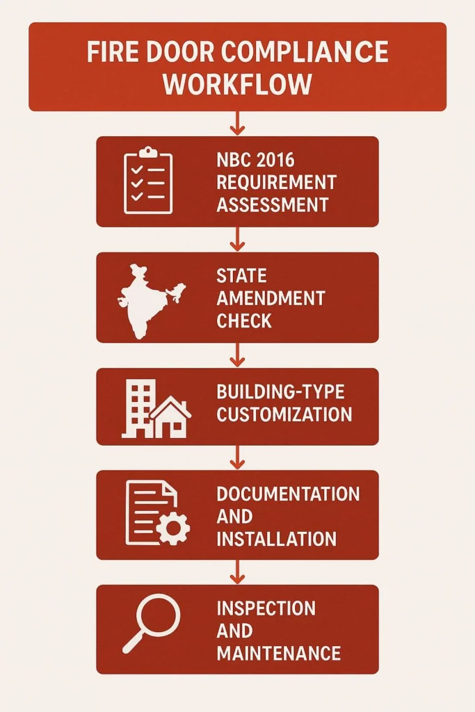 Illustrated infographic detailing NBC 2016 fire door compliance requirements, highlighting fire resistance ratings and installation standards for Indian buildings