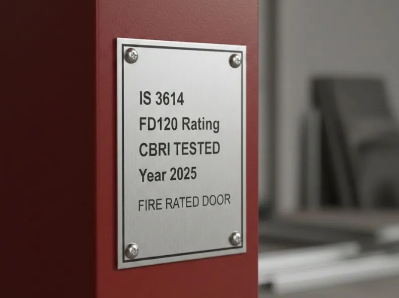 Metal identification plate on a fire door showing BIS certification and CBRI test rating FD120.
