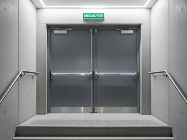 Double-leaf 120-minute fire rated exit door installed in a commercial stairwell, equipped with a panic bar for quick evacuation.
