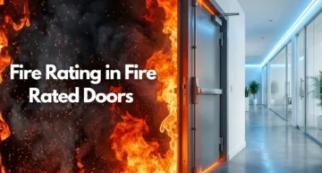 Split-screen comparison showing a KOR India fire rated door blocking a raging fire on one side and maintaining a safe office corridor on the other.