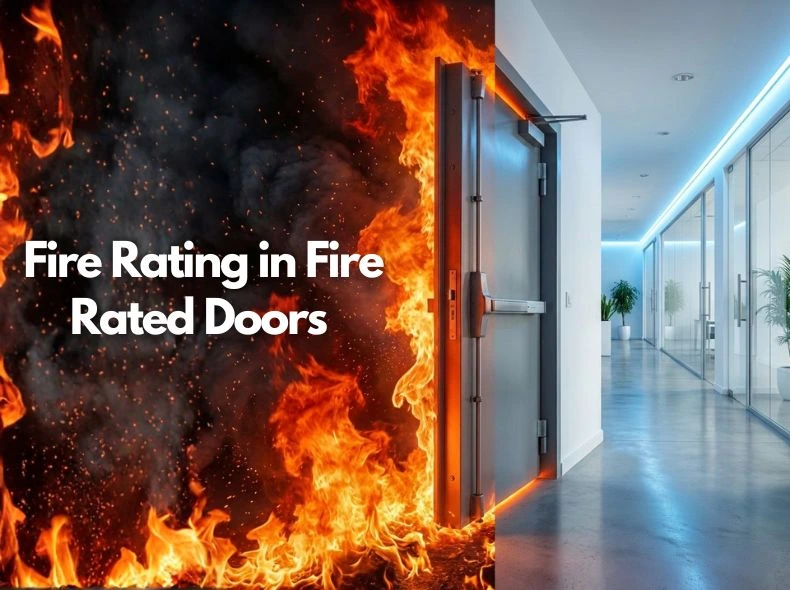 Split-screen comparison showing a KOR India fire rated door blocking a raging fire on one side and maintaining a safe office corridor on the other.