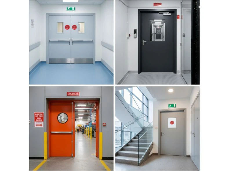 KOR India steel fire doors installed in hospital, data center, industrial factory, and commercial building applications meeting BIS certification and fire safety standards