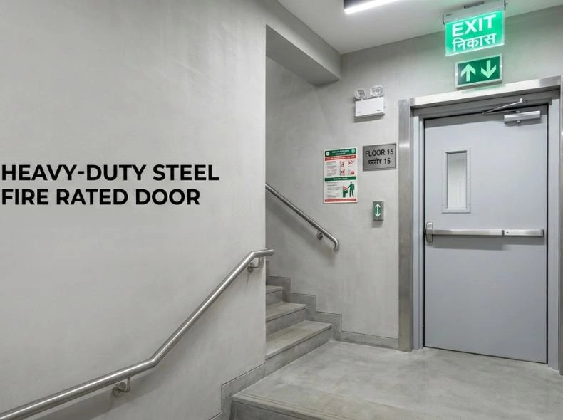 Professional steel fire rated doors installation by KOR India in commercial building stairwell meeting IS 3614:2021 standards and NBC 2016 fire safety requirements