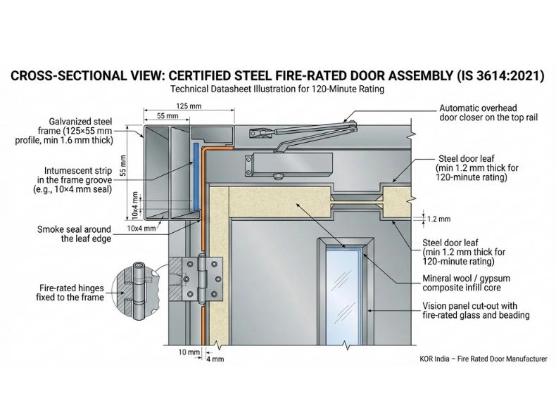 Technical cross-section diagram of KOR India steel fire rated door showing frame, intumescent seals, mineral wool core, hinges, and automatic door closer per IS 3614 specifications