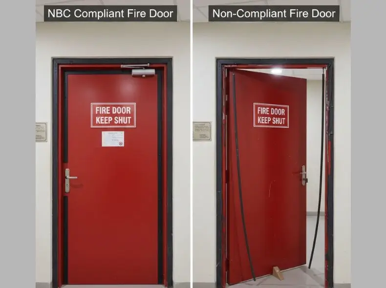 Side-by-side comparison of NBC compliant fire door with correct seals and closer versus non-compliant wedged-open fire door with missing seals.
