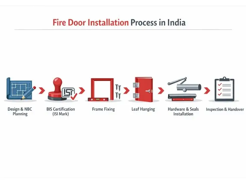 Step-by-step infographic showing fire door installation process from NBC planning and BIS certification to frame fixing, hardware installation, and inspection.