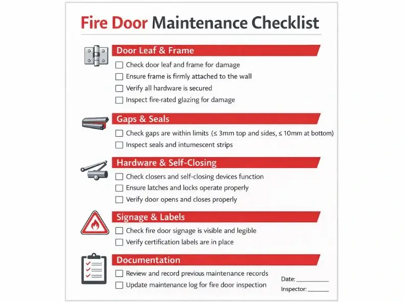 Printable fire door maintenance checklist showing inspection points for seals, gaps, hardware, signage, and documentation.