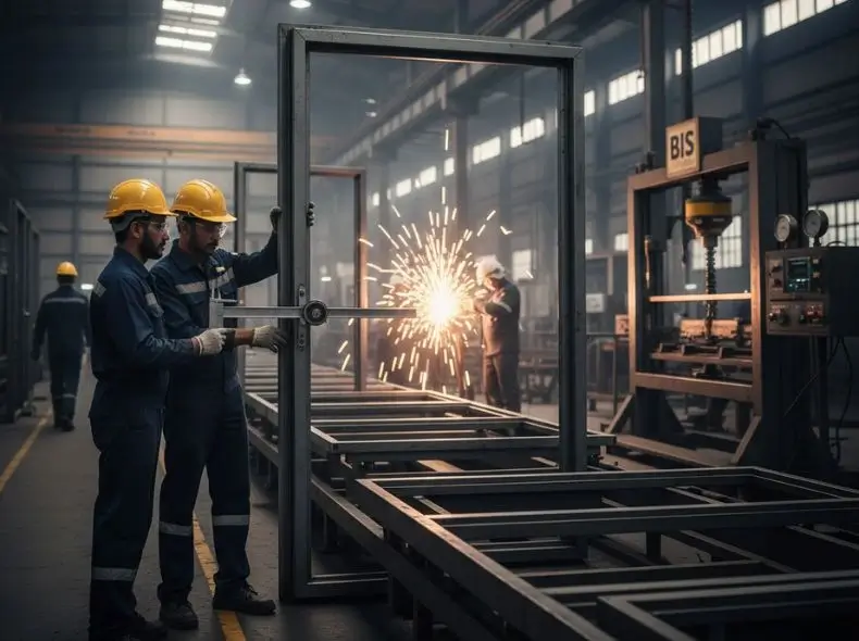 Engineers inspecting fire-rated steel doors in a modern manufacturing and testing facility in Greater Noida with industrial safety equipment