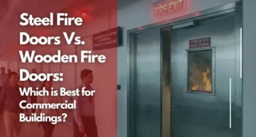 People safely evacuating a commercial building corridor while a certified fire-rated door blocks smoke and flames during a fire emergency.