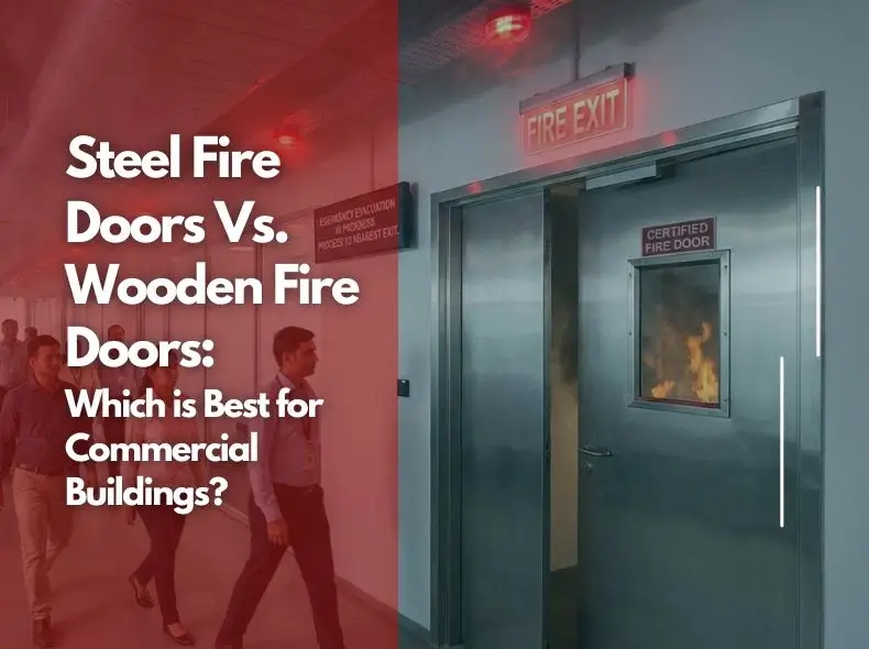 People safely evacuating a commercial building corridor while a certified fire-rated door blocks smoke and flames during a fire emergency.