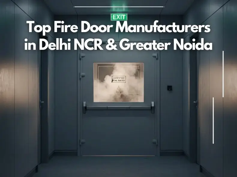 Certified steel fire-rated door installed in a modern commercial building corridor in Delhi NCR with emergency exit signage and smoke protection