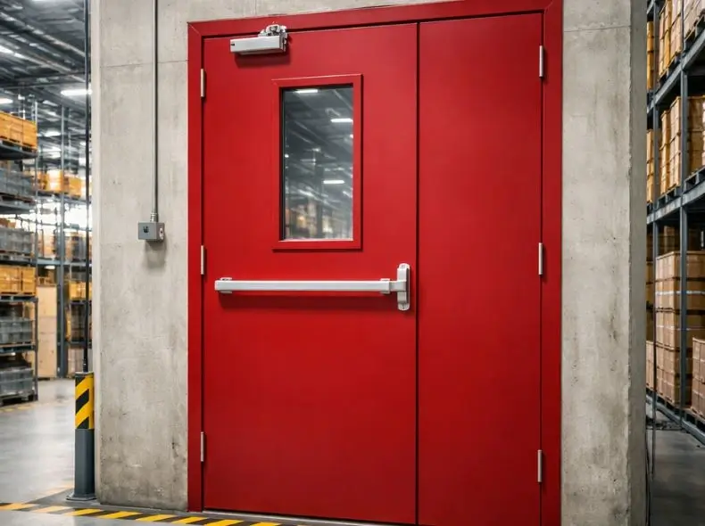 Heavy-duty steel fire door with vision panel and panic bar installed inside a warehouse