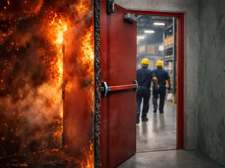 Industrial fire door preventing fire and smoke from spreading while workers evacuate safely