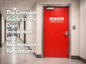 Steel NBC compliant fire door installed in a high-rise commercial corridor in India with door closer, ISI label, and Fire Door Keep Shut signage.
