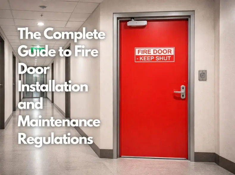 Steel NBC compliant fire door installed in a high-rise commercial corridor in India with door closer, ISI label, and Fire Door Keep Shut signage.