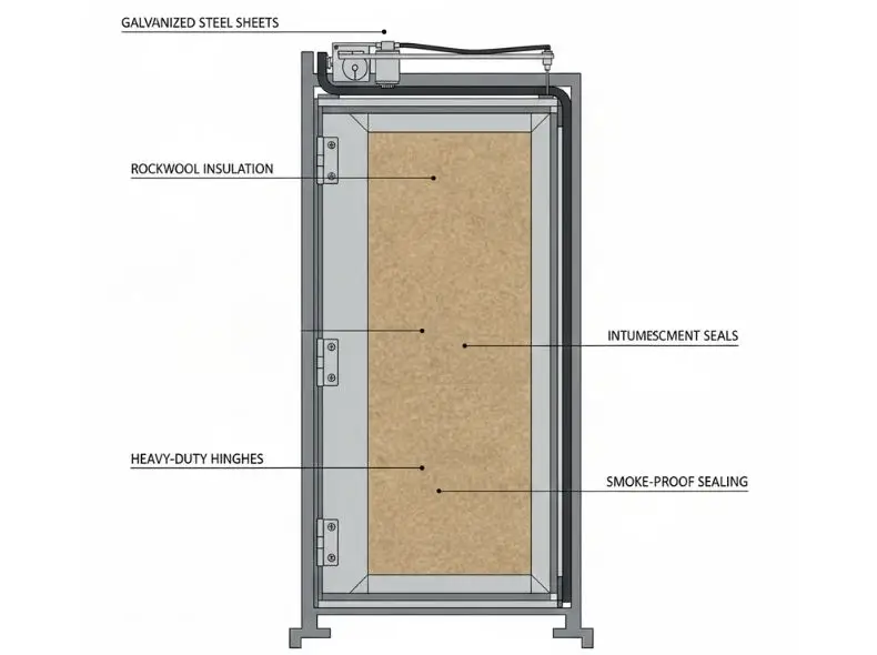 Technical cross-section diagram of a steel fire-rated door showing rockwool insulation core, galvanized steel sheets, intumescent seals, and fire-resistant hardware