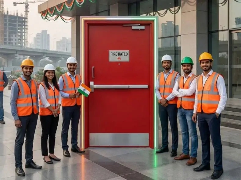 Professional steel fire-rated door with safety glass and intumescent seals representing the best fire-rated door manufacturers in India for 2026.