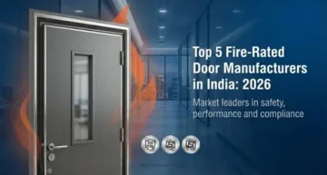 Modern steel fire-rated door with glass panel against city skyline representing Fire-Rated Door Manufacturers in India.