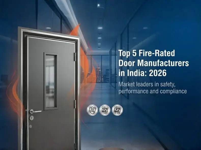 Modern steel fire-rated door with glass panel against city skyline representing Fire-Rated Door Manufacturers in India.