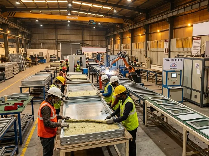 KOR India factory producing BIS-certified fire resistant doors, assembly line with steel frames and quality testing for reliable fire protection