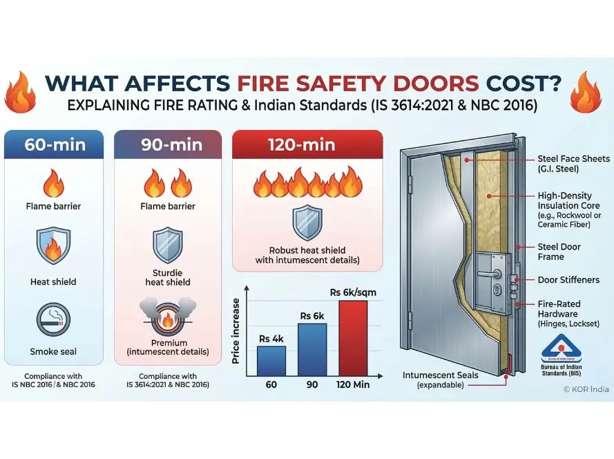 Infographic comparing 60-120 minute fire rated doors ratings, insulation integrity and price factors per BIS IS 3614:2021 standards India