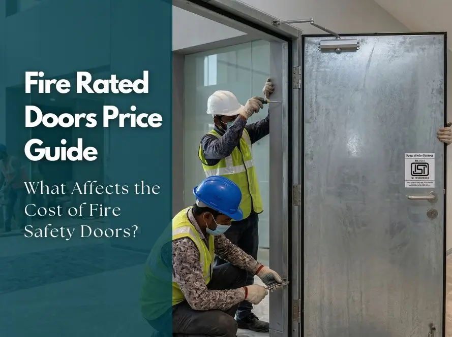 Professional installation of BIS-certified steel fire rated doors in modern Indian office, showing self-closing mechanism for fire safety compliance