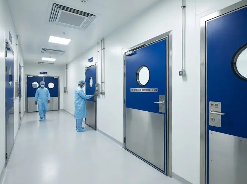 Fire-rated clean room doors in pharmaceutical factory hallway with hygienic stainless steel design