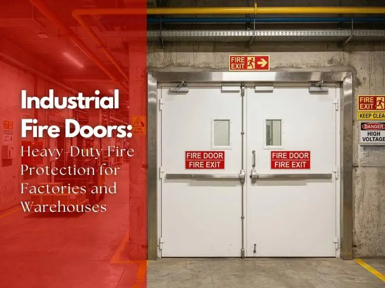 Heavy-duty industrial fire doors installed in modern factory corridor with steel construction and forklift background