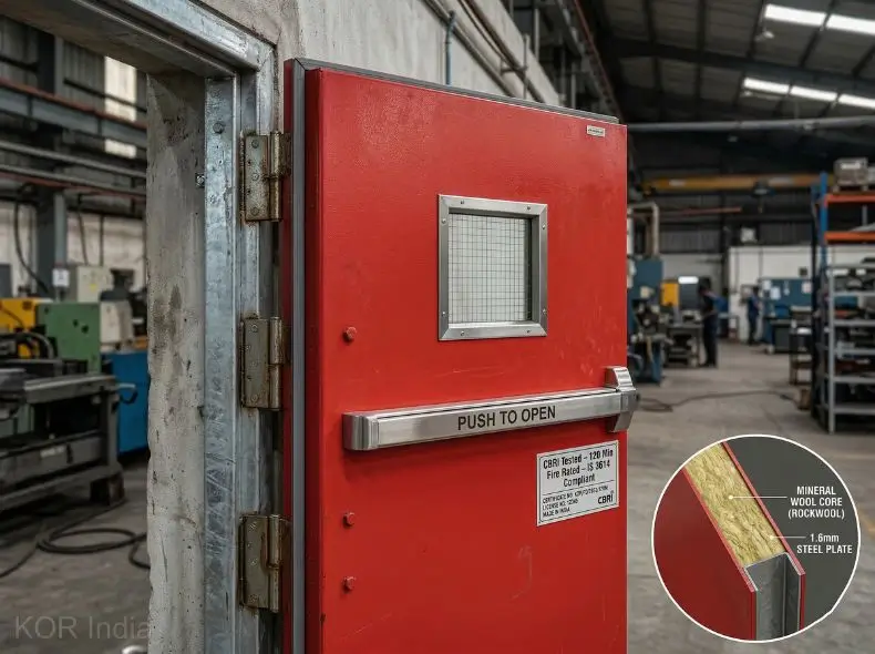 Close-up of CBRI-tested steel fire doors with intumescent seals and 120-minute fire rating