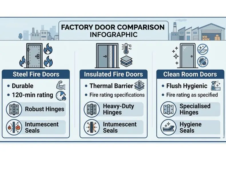 Infographic comparing steel fire doors, fire rated doors, and clean room doors for factories and warehouses
