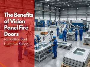 KOR India steel glazed fire door with a vision panel in a modern office lobby