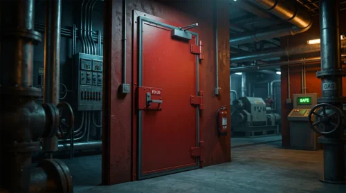 Fd120 Application A Thick, Robust Red Fd120 Steel Fire Door With Heavy Duty Hinges And Heavy Frame Anchors Separates The Room From A Hallway