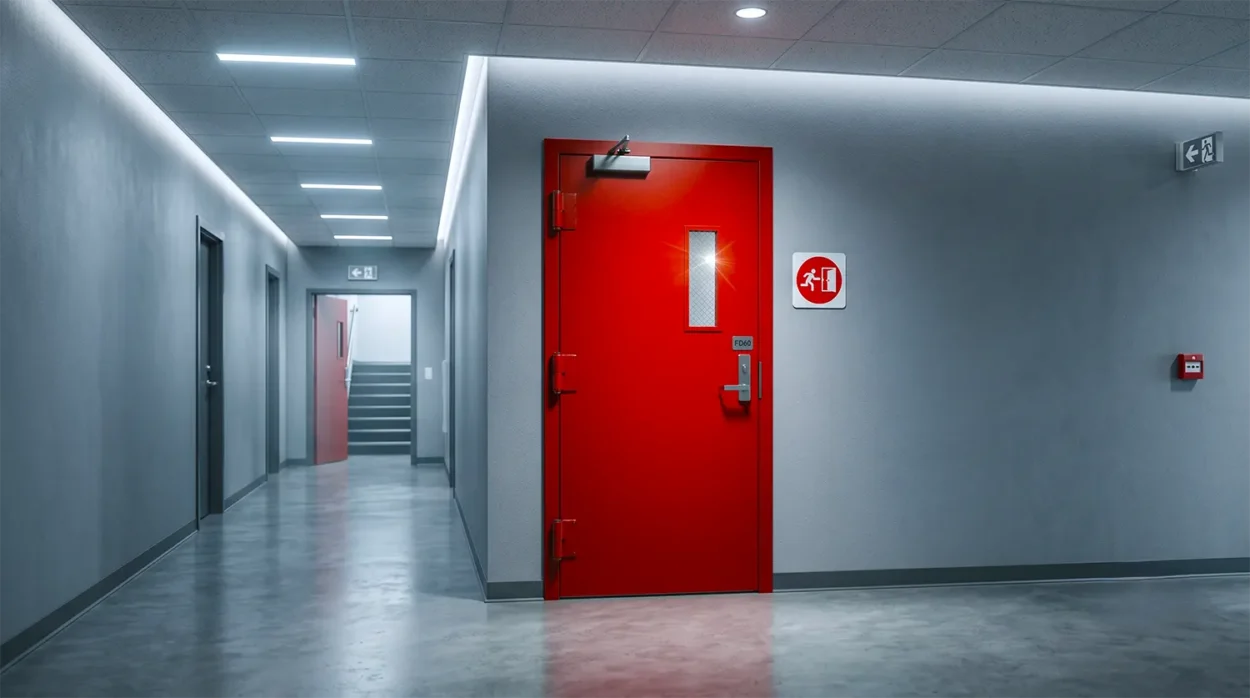 Fd60 Application Sleek Red Fd60 Fire Door Stands Closed, Cleanly Installed Into The Wall