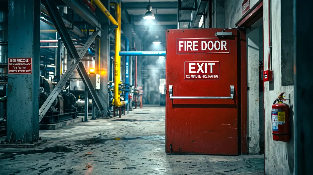 Heavy Duty Red Fire Rated Door In A High Risk Industrial Factory