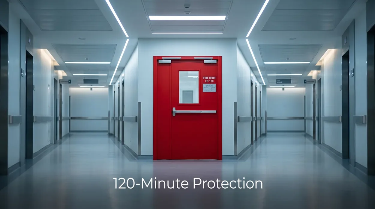 120 Minute Rated Fire Door Equipped With A Clear, Multi Laminate Glass Vision Panel