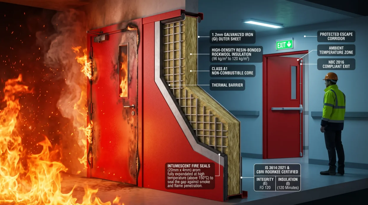 3d Render Of A Red Steel Fire Door Showing Internal Rockwool Insulation Blocking Intense Fire Flames On One Side, Clean And Highly Detailed