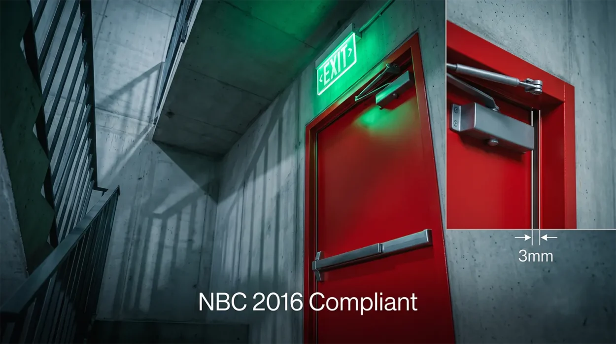 A Glowing Green Emergency Exit Sign Illuminates The Heavy Duty Surface Mounted Door Closer And The Precision 3mm Perimeter Gap