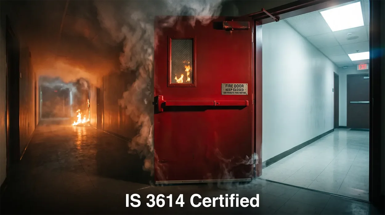 A Striking Red Steel Fire Door Stands Strong, Preventing The Rapid Spread Of Toxic Smoke And Open Flames