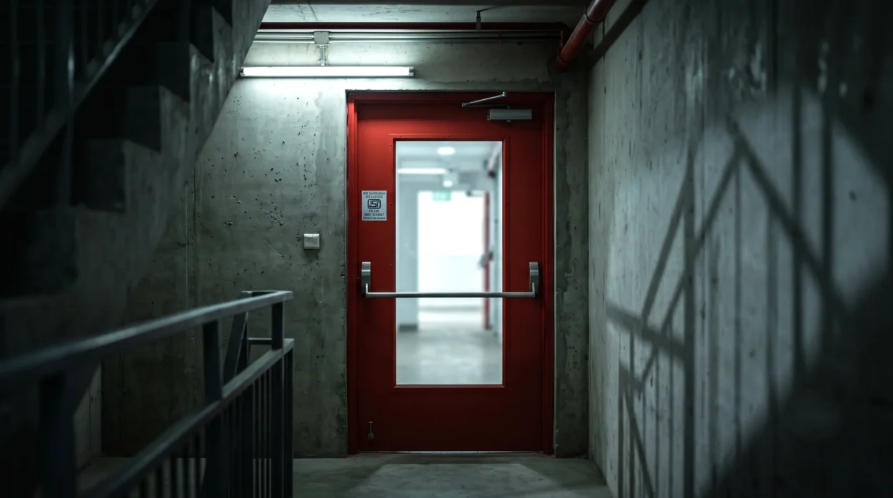 A Fire Door At The End Of A Commercial Building Fire Escape Staircase