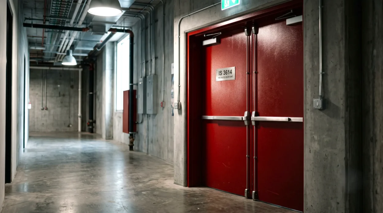 A Fire Rated Door In A Modern Industrial Corridor