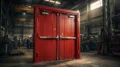 A Large Double Leaf Steel Fire Rated Door Featuring Panic Exit Crash Bars, Situated In A Heavy Industrial Manufacturing Warehouse