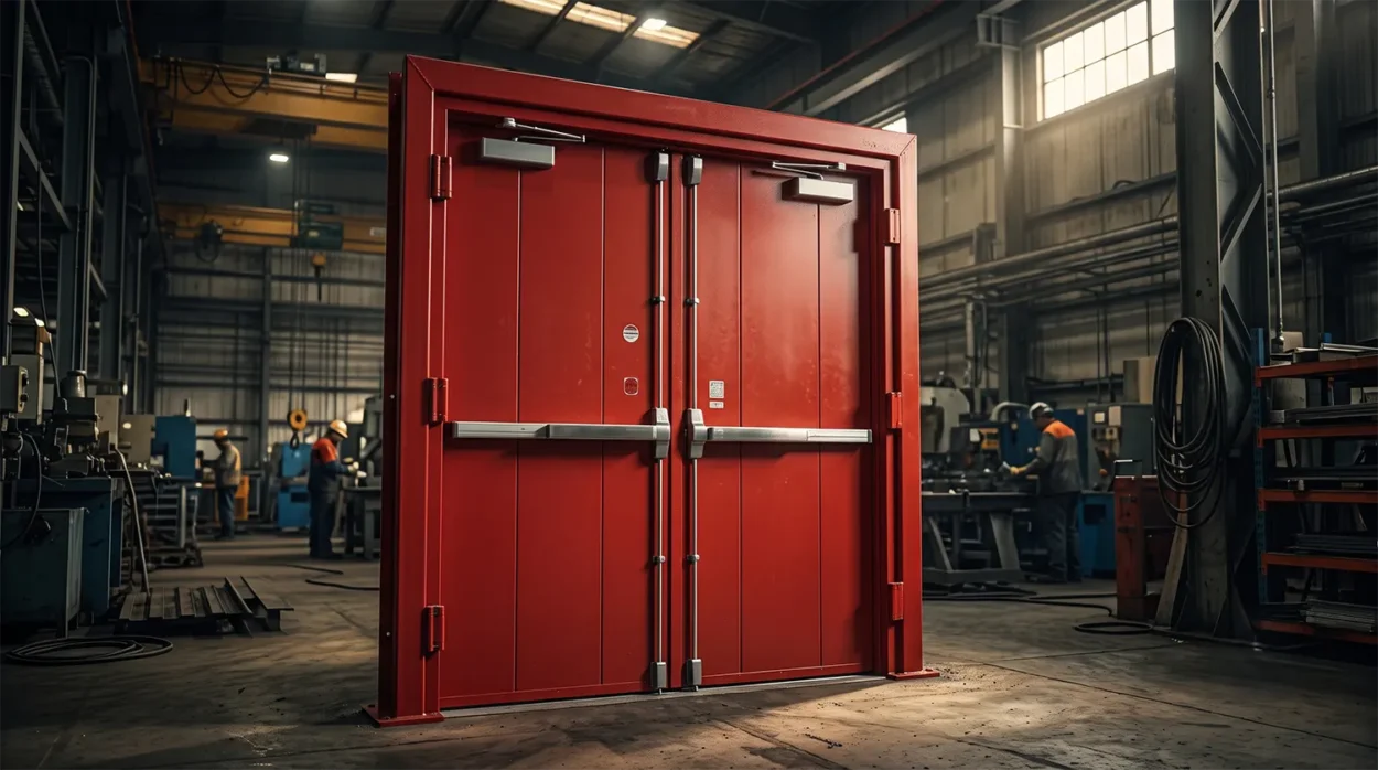 A Large Double Leaf Steel Fire Rated Door Featuring Panic Exit Crash Bars, Situated In A Heavy Industrial Manufacturing Warehouse