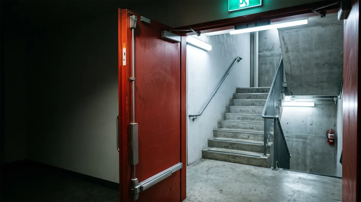 A Steel Fire Rated Door Slightly Open, Leading To A Safe Concrete Emergency Exit Staircase In A Modern High Rise Building