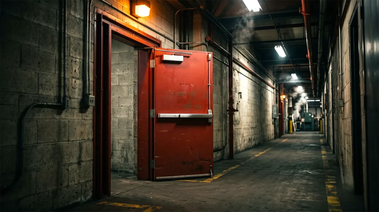 A Sturdy Red Steel Fire Rated Door In A High Density Industrial Corridor