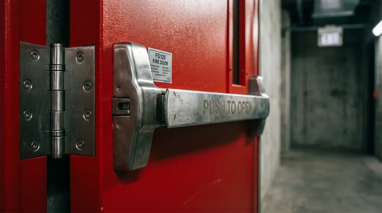 Close Up Of Heavy Duty Stainless Steel Panic Bar Hardware And Hinges On A Bright Fire Rated Door
