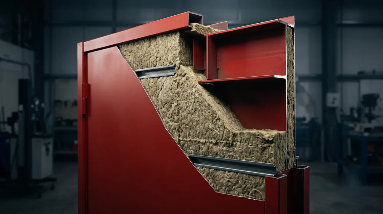 Cross Section View Of A Steel Fire Door Showing Thick Mineral Rockwool Insulation Core Inside