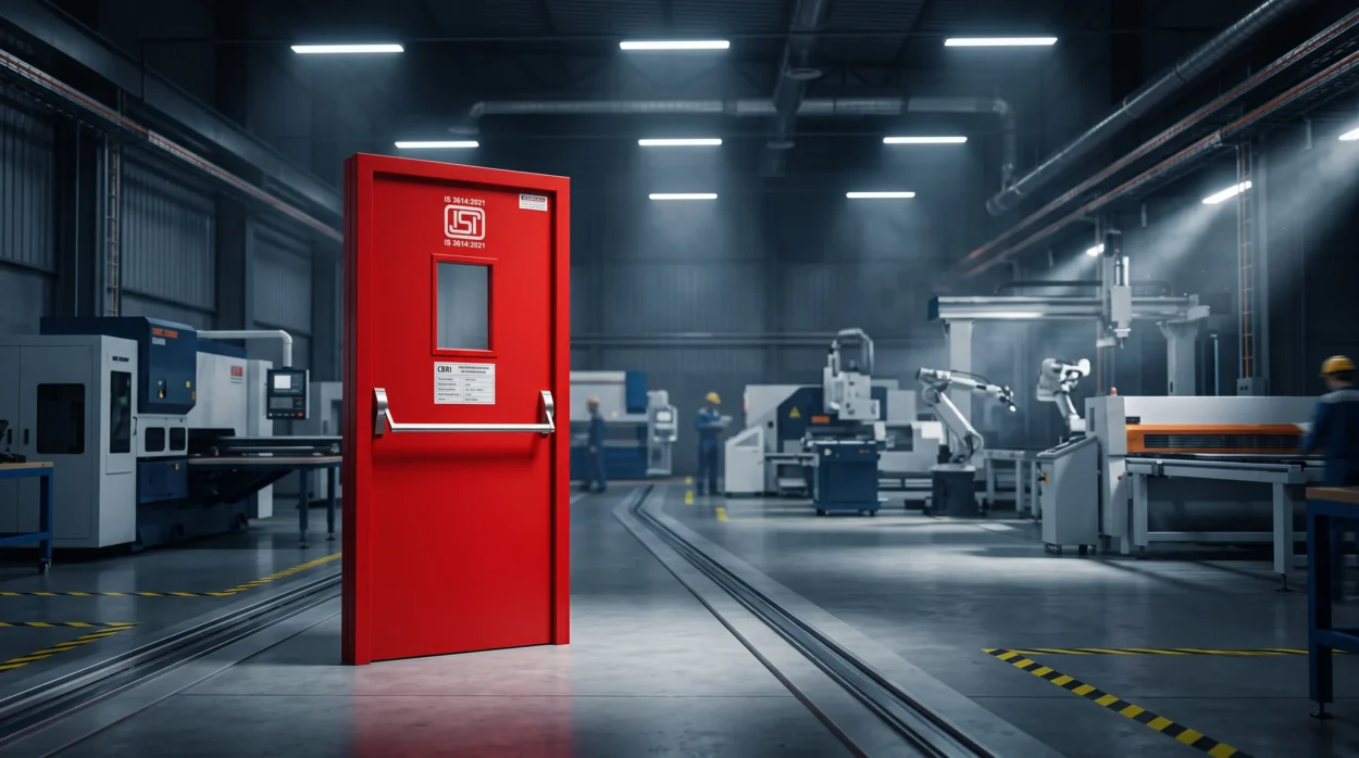 Fire Door Standing On A Modern Automated Factory Floor With Cnc Machines
