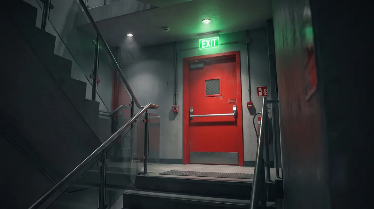 Fire Exit Door In A Modern Office Stairwell