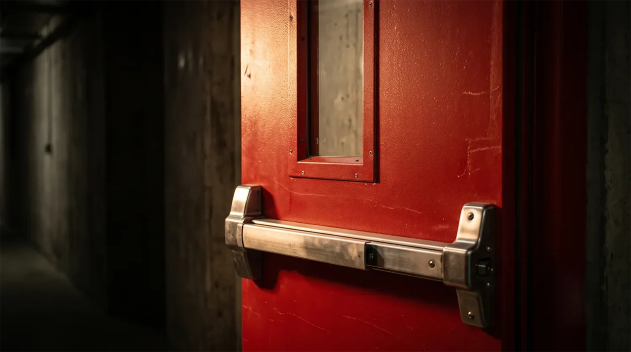 Fire Rated Door Featuring A Small Rectangular Glass Vision Panel And A Heavy Duty Stainless Steel Panic Push Bar