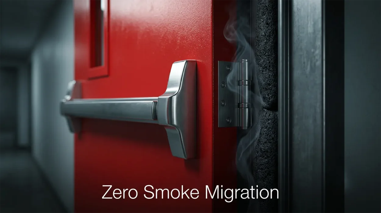 Red Commercial Fire Door Focusing On Its Integrated Hardware